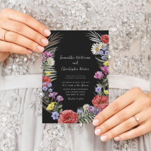 Boho Watercolor Wild Flowers Black Wedding Invitation