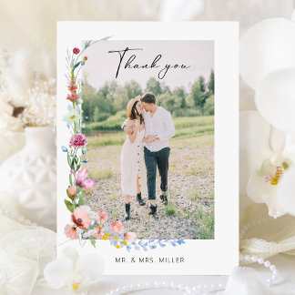 Boho Watercolor Wildflower Calligraphy Wedding Thank You Card