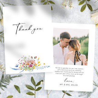 Boho Watercolor Wildflower Calligraphy Wedding Thank You Card