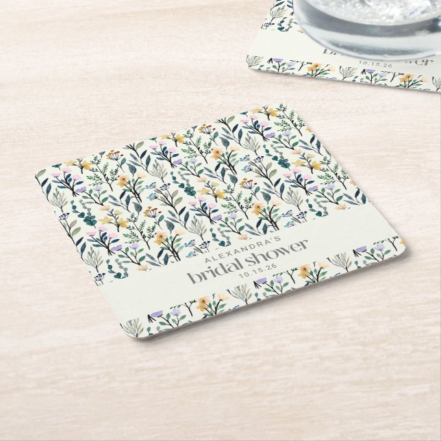 Boho Watercolor Wildflower Custom Bridal Shower  Square Paper Coaster (Angled)