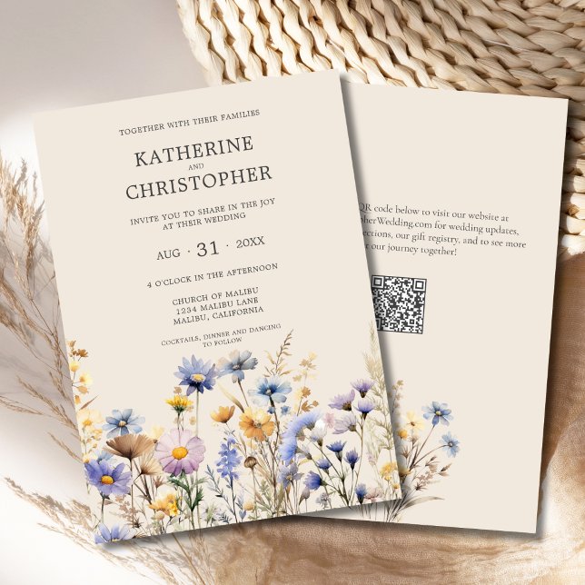 BOHO Watercolor Wildflower Elegant Beige Wedding Invitation (BOHO Wildflower Wedding Invitation with Purple, Blue, Yellow Wildflowers on a Beige Background.)
