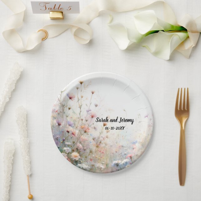Boho Watercolor Wildflower Floral Personalise Paper Plate (Wedding)