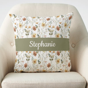 Boho Watercolor Wildflower Monogram Name Cushion