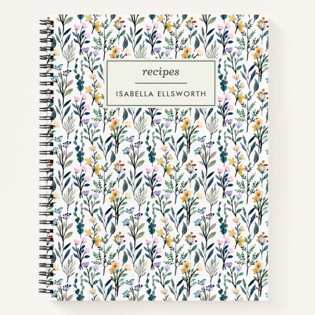Boho Watercolor Wildflower Personalised Recipe Notebook (Front)