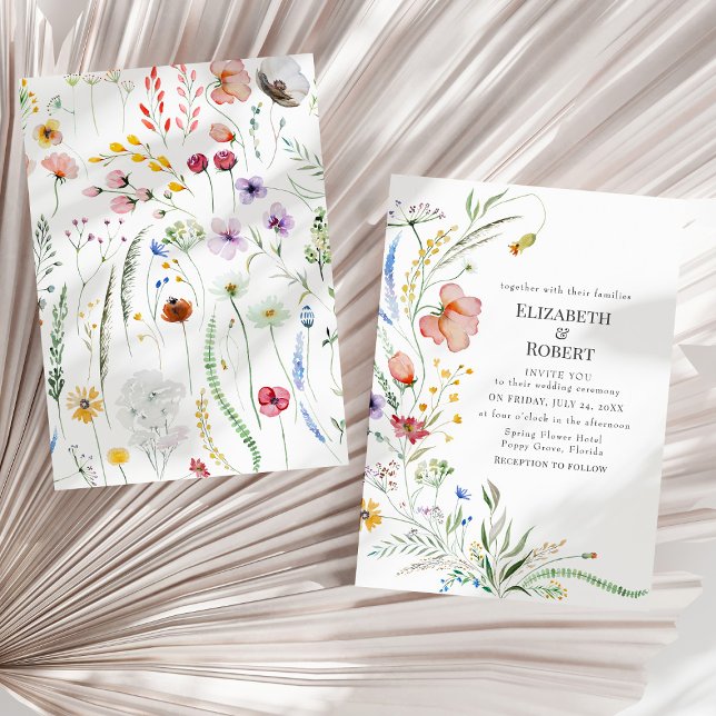 Boho Watercolor Wildflower Wedding Invitation (Boho Watercolor Wildflower Wedding Invitation on a sunny neutral dry palm leaf.)