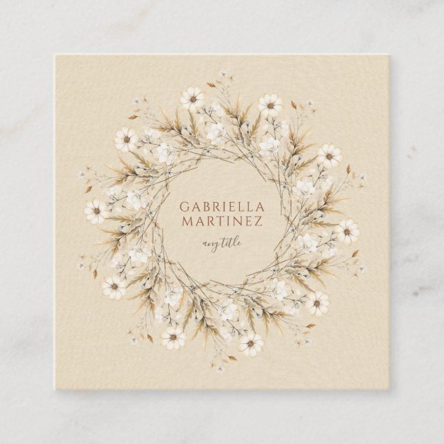 Boho Watercolor Wildflower Wreath Square Business Card (Front)