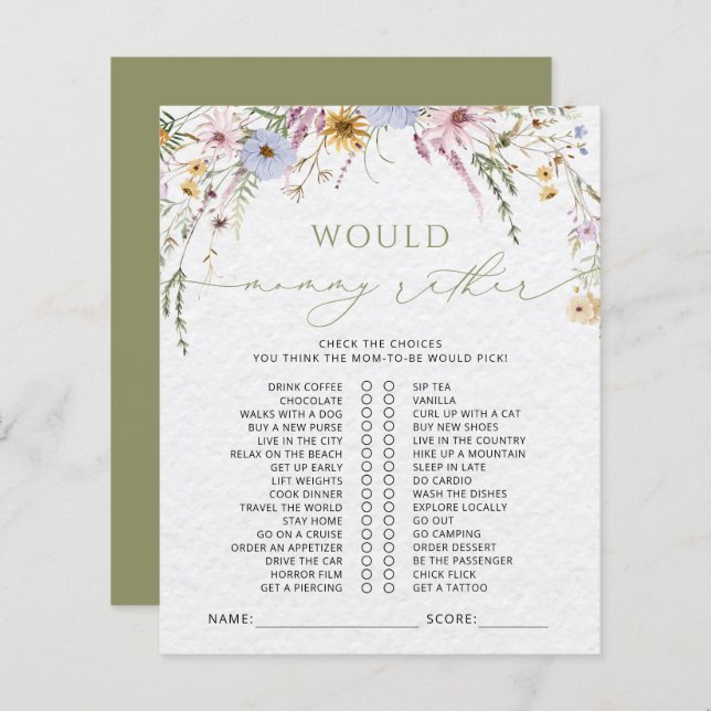 Boho Watercolor Wildflowers Baby Shower Game (Front/Back)