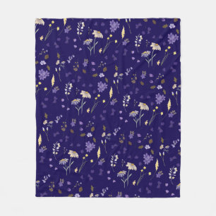 Boho Watercolor Wildflowers Navy Fleece Blanket