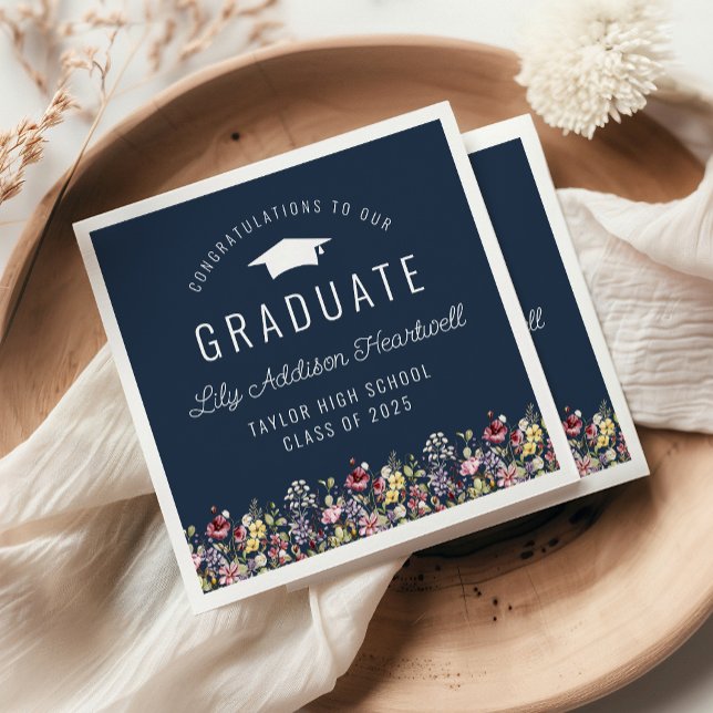 Boho Watercolor Wildflowers Navy Graduation Party Napkin (Creator Uploaded)