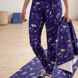 Boho Watercolor Wildflowers Navy  Leggings