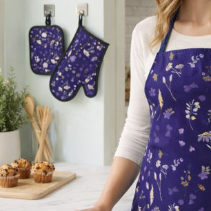 Boho Watercolor Wildflowers Navy  Oven Mitt & Pot Holder Set