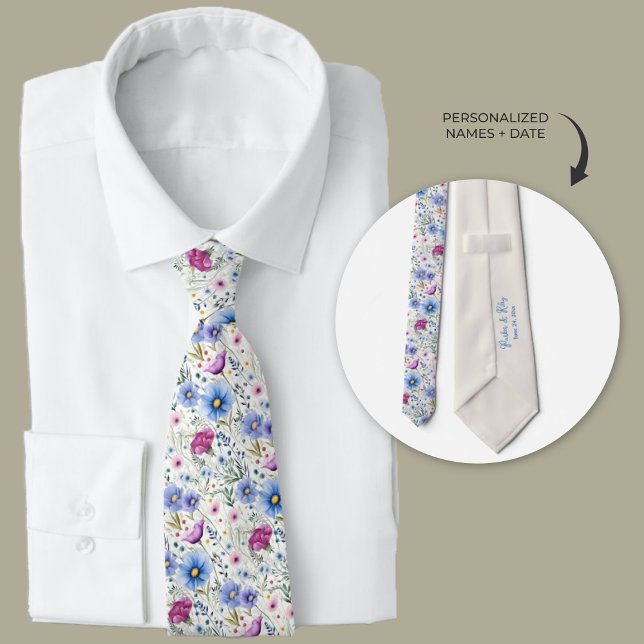 Boho Watercolor Wildflowers Neck Tie (Boho watercolor wildflowers groomsmen neck ties)