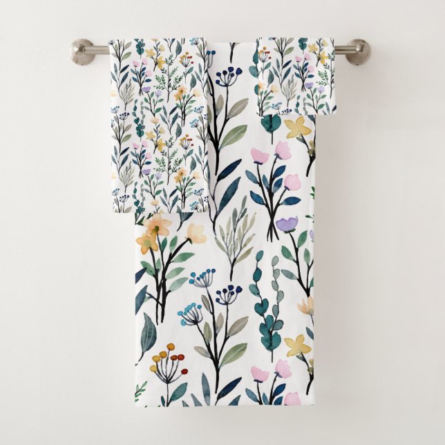 Boho Watercolor Wildflowers Painting Pattern Bath Towel Set (Insitu)