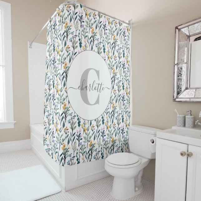 Boho Watercolor Wildflowers Pattern Monogram Name  Shower Curtain (In Situ)