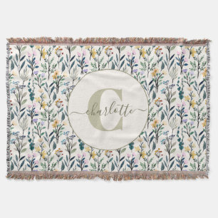 Boho Watercolor Wildflowers Pattern Monogram Name Throw Blanket