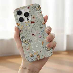 Boho Watercolor Wildflowers Pattern Monogrammed iPhone 15 Pro Case