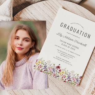 Boho Watercolor Wildflowers Photo Ivory Graduation Invitation