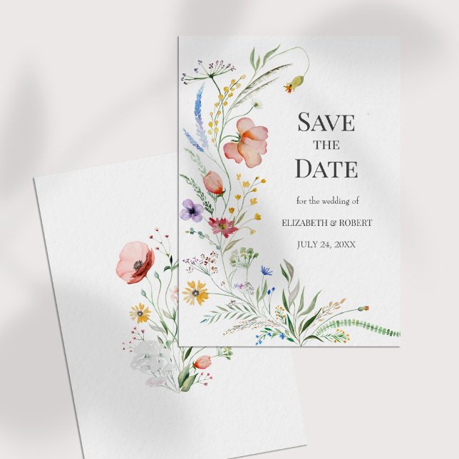 Boho Watercolor Wildflowers Save The Date Card (Boho Watercolor Wildflowers Save The Date Card on a white table)