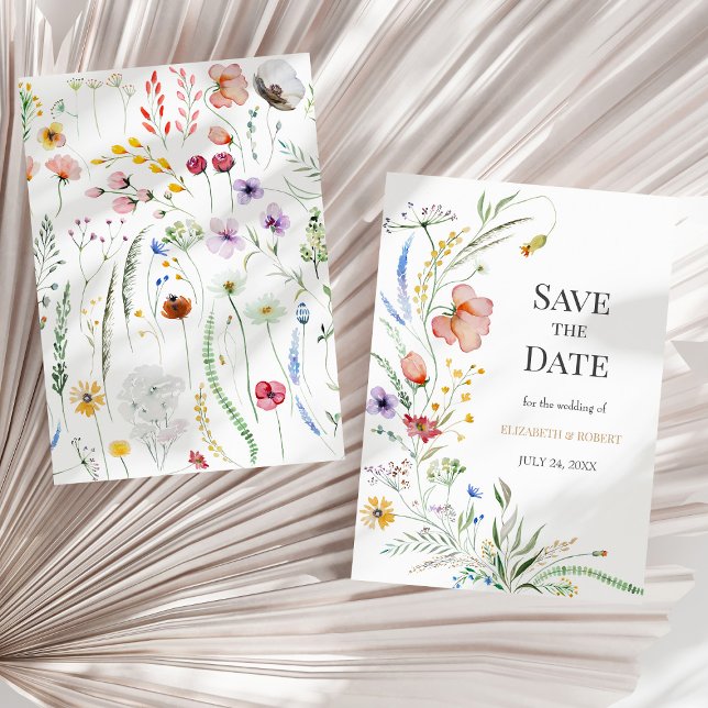 Boho Watercolor Wildflowers Save The Date Card (Boho Watercolor Wildflowers Save The Date Card on a sunny neutral dry palm leaf.)