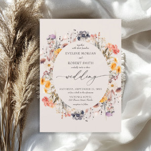 Boho watercolor wildflowers wreath earthy invitation