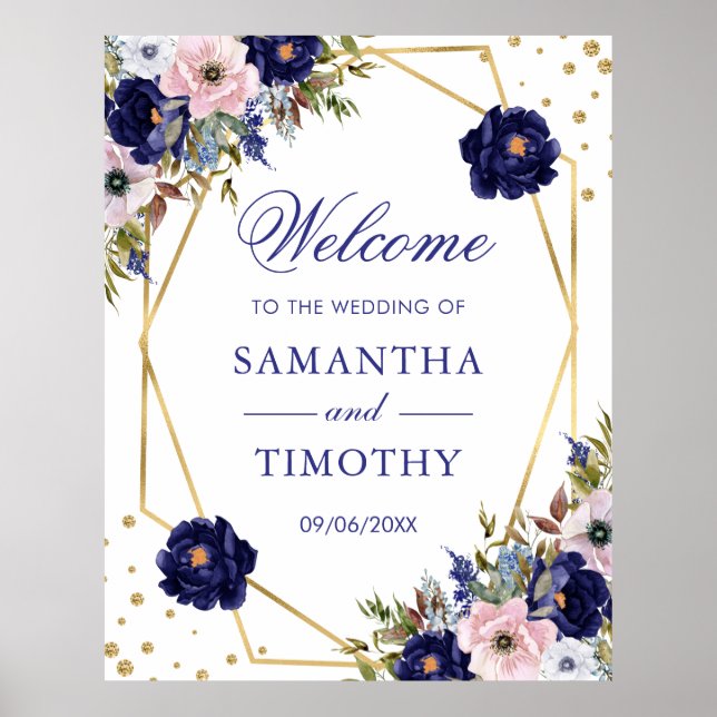 Boho Watercolor Winter Flowers Gold Frame Wedding Poster (Front)