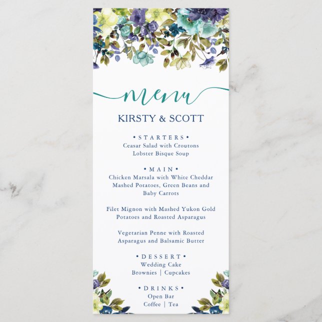 Boho Watercolor Winter Flowers Wedding Menu (Front)