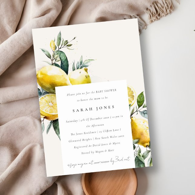 Boho Watercolor Yellow Lemon Garden Baby Shower Invitation (Creator Uploaded)