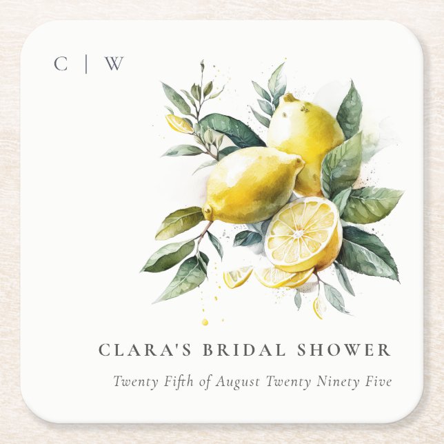 Boho Watercolor Yellow Lemon Garden Bridal Shower Square Paper Coaster (Front)