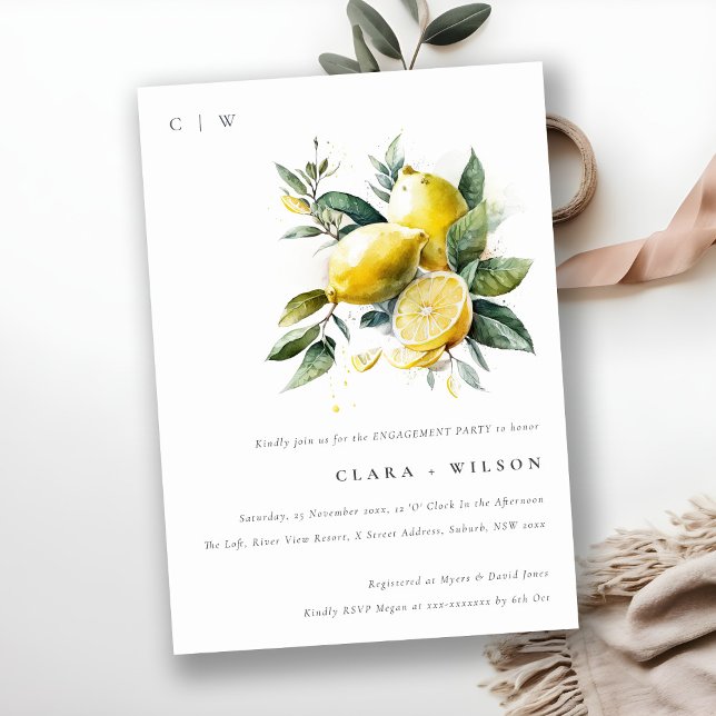 Boho Watercolor Yellow Lemon Garden Engagement Invitation (Creator Uploaded)