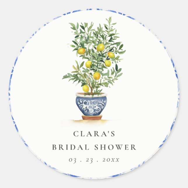 Boho Watercolor Yellow Lemon Tree Bridal Shower Classic Round Sticker (Front)