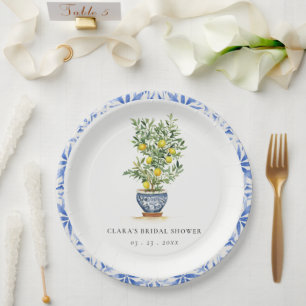 Boho Watercolor Yellow Lemon Tree Bridal Shower Paper Plate