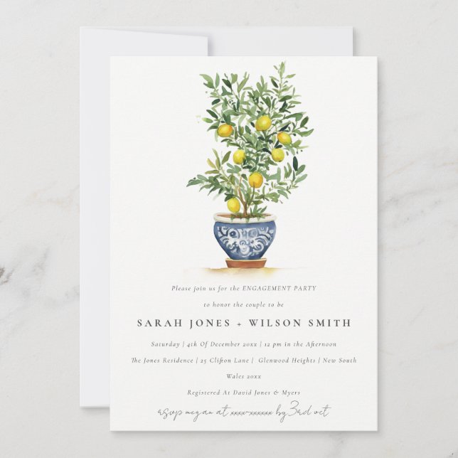 Boho Watercolor Yellow Lemon Tree Engagement Invitation (Front)