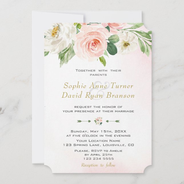 Boho Watercolour Blush Cream Flowers Wedding Invitation (Front)