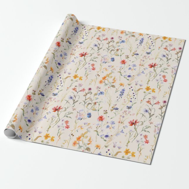 Boho watercolour wild flower wrapping paper (Unrolled)