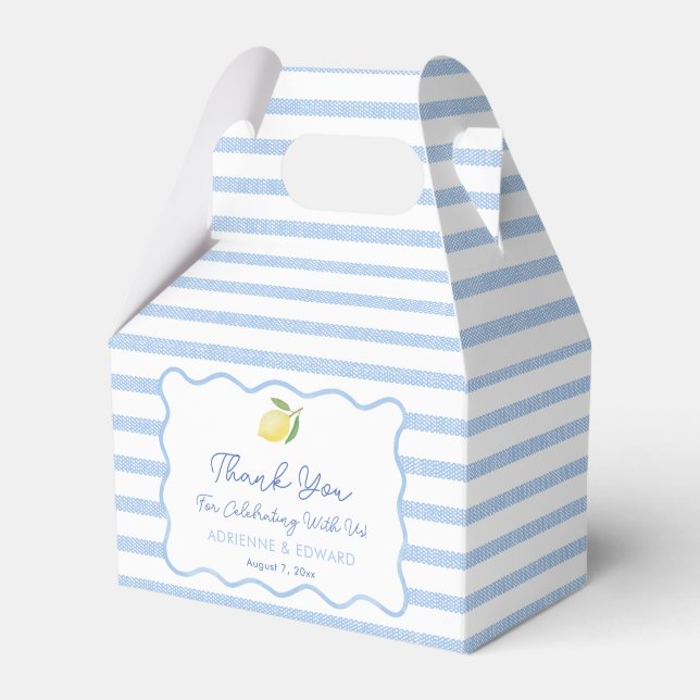 Boho Wavy Border Blue And White Tile Lemon Wedding Favour Box (Front Side)