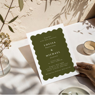 Boho Wavy Border Olive Green & White Wedding Invitation