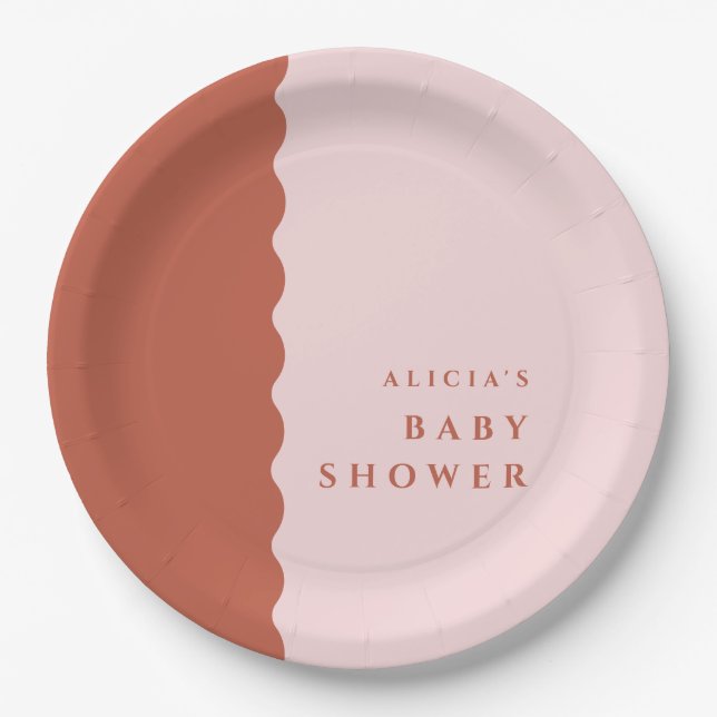Boho Wavy Edge Terracotta & Blush Baby Shower Paper Plate (Front)