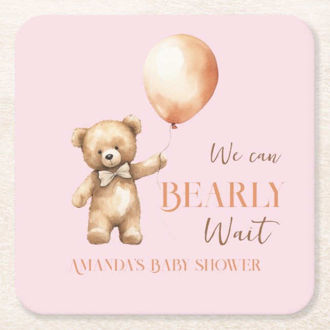 Boho We Can Beary Wait Pink Bear Girl Baby Shower Square Paper Coaster (Front)