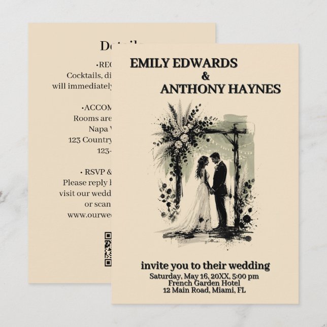 Boho Wedding Arch Invitation with Bride and Groom (Front/Back)