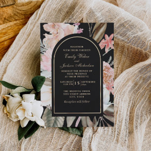 Boho Wedding Blush Pink Cream Greenery Black Invitation