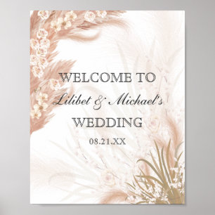  Boho Wedding Coral Rose Pampas Grass Watercolor Poster