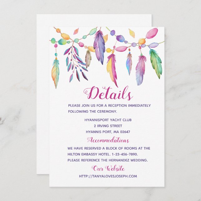 Boho Wedding Details Feathers Purple Indian Invitation (Front/Back)