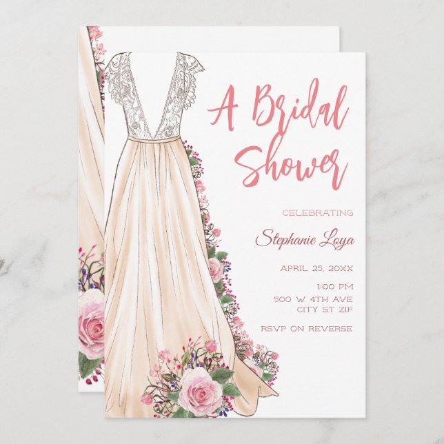 Boho Wedding Dress Bridal Shower Invitation (Front/Back)