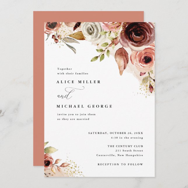 Boho Wedding Earthy Floral Watercolor Bouquet Invitation (Front/Back)