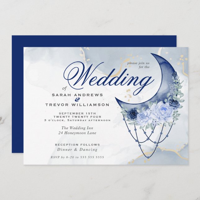Boho Wedding Esoteric Navy Blue Crescent Moon Invitation (Front/Back)