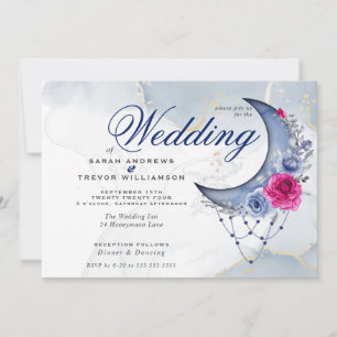 Boho Wedding Esoteric Navy Custom Crescent Moon  Invitation