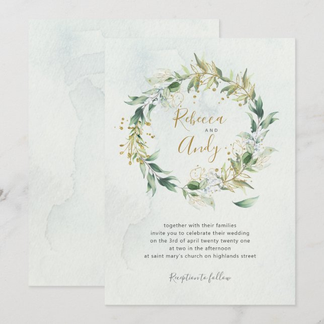 Boho wedding invitation, woodland greenery wedding invitation (Front/Back)