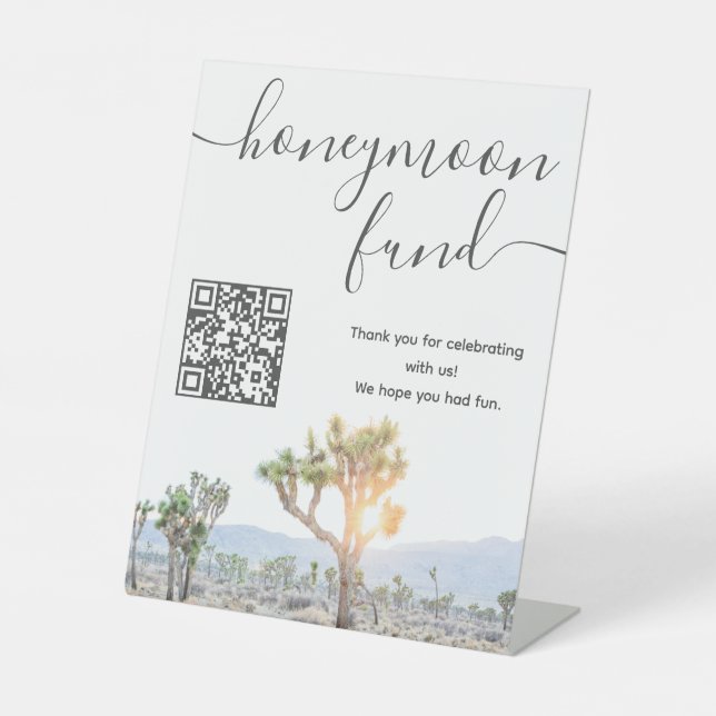 Boho Wedding Joshua Tree Honeymoon Fund QR Code Pedestal Sign (Front)