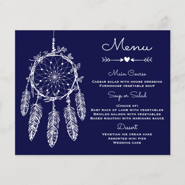 Boho Wedding Menu Navy Blue  Dream Catcher (Front)