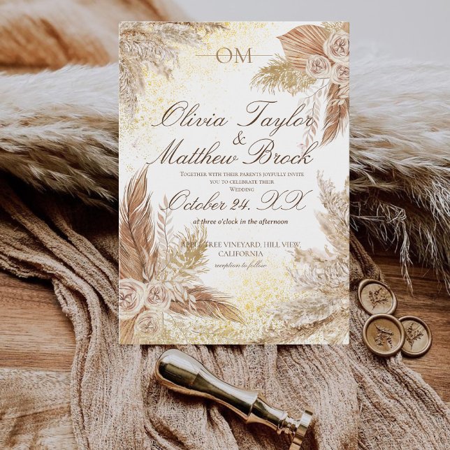 Boho Wedding Pampas Grass Flowers Neutral Invitation (Creator Uploaded)